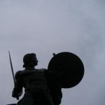 Achilles statue in London Hyde Park with a sparrow sitting on his shield